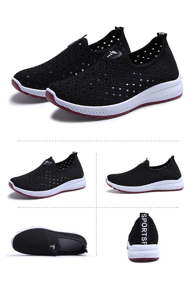 Stevvex black mesh slip-on sneakers for outdoor walking with white sole and maroon outsole on Tampa Home & Garden Store