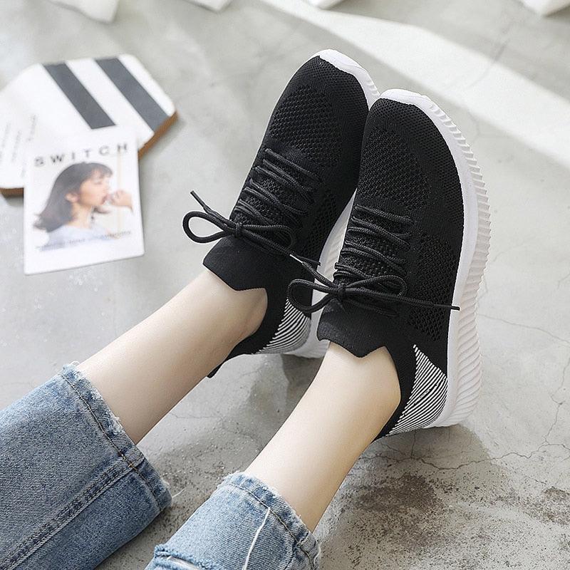 Stevvex women's mesh breathable sneakers with black knit upper and white chunky sole on Tampa Home & Garden Store