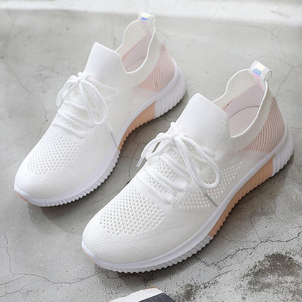 Stevvex women's mesh breathable sneakers pair white knit uppers peach heel panels lace-up front on Tampa Home & Garden Store