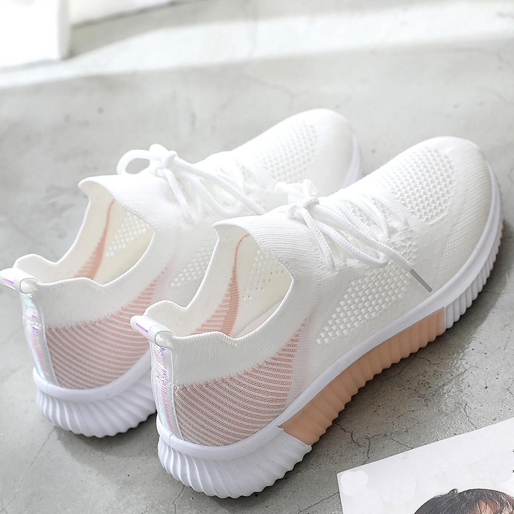 White mesh breathable sneakers with peach sole, lace-up casual running flats on Tampa Home & Garden Store