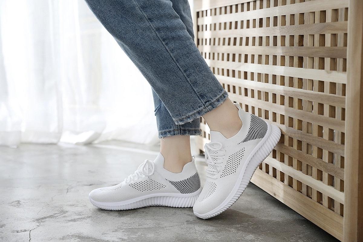 Stevvex white mesh breathable sneakers with knit panels lace-up casual trainers for women on Tampa Home & Garden Store