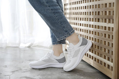 Stevvex white mesh breathable sneakers with knit panels lace-up casual trainers for women on Tampa Home & Garden Store