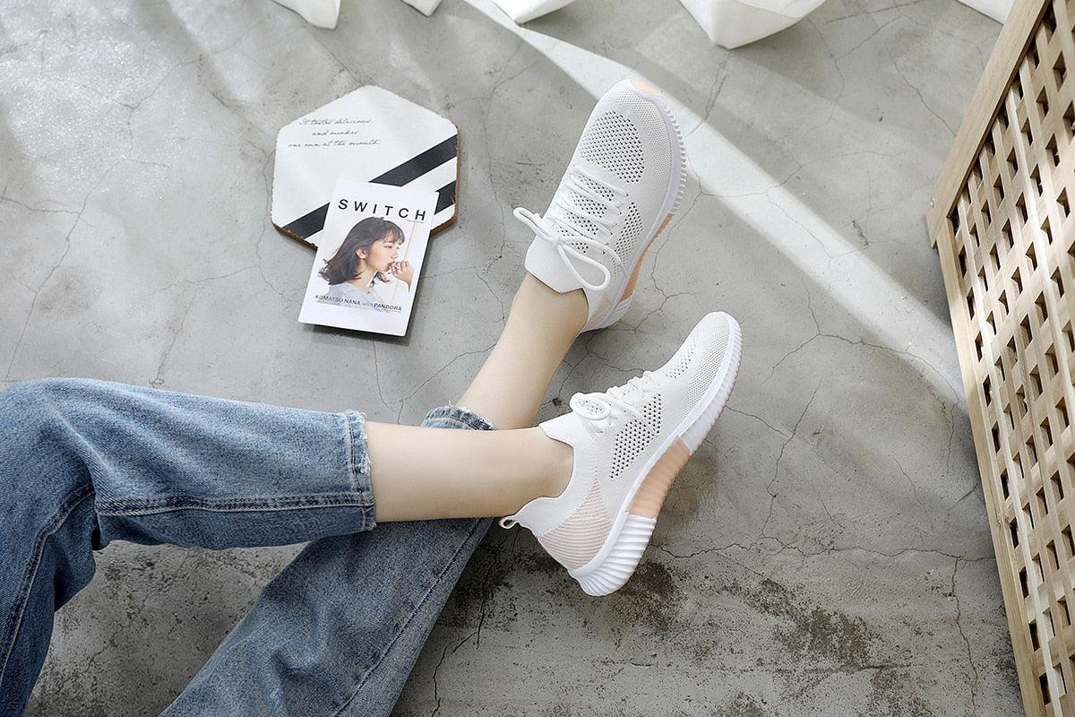 Stevvex white mesh breathable sneakers pair with knit panels for casual walking on Tampa Home & Garden Store