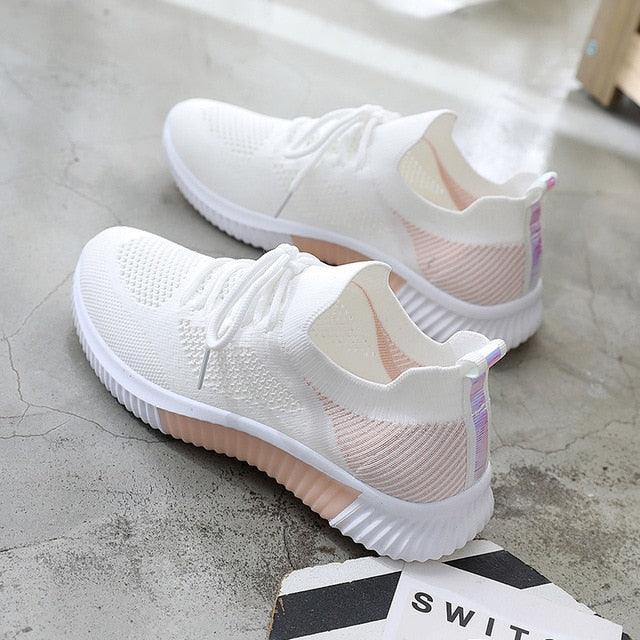 Stevvex white mesh sneakers, breathable casual trainers with light pink sole, 2 sneakers on Tampa Home & Garden Store