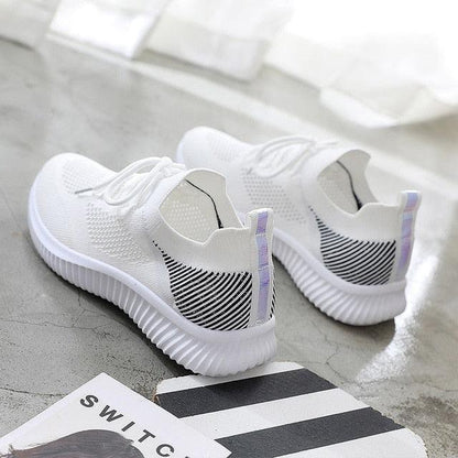 White mesh sneakers Stevvex with breathable knit and striped heel detail lilac pull tab on Tampa Home & Garden Store