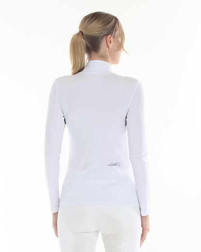 SUMMER Mini Mesh schooling top by BellEq Equestrian Apparel, white mesh long-sleeve riding top, back view with logo on Tampa Home & Garden Store