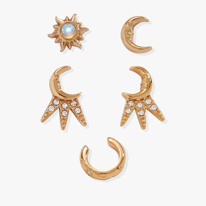 Sun & Moon 2 Studs & Earring Cuff Set earrings; gold-tone sunburst stud with blue center and crystal crescent cuffs on Tampa Home & Garden Store