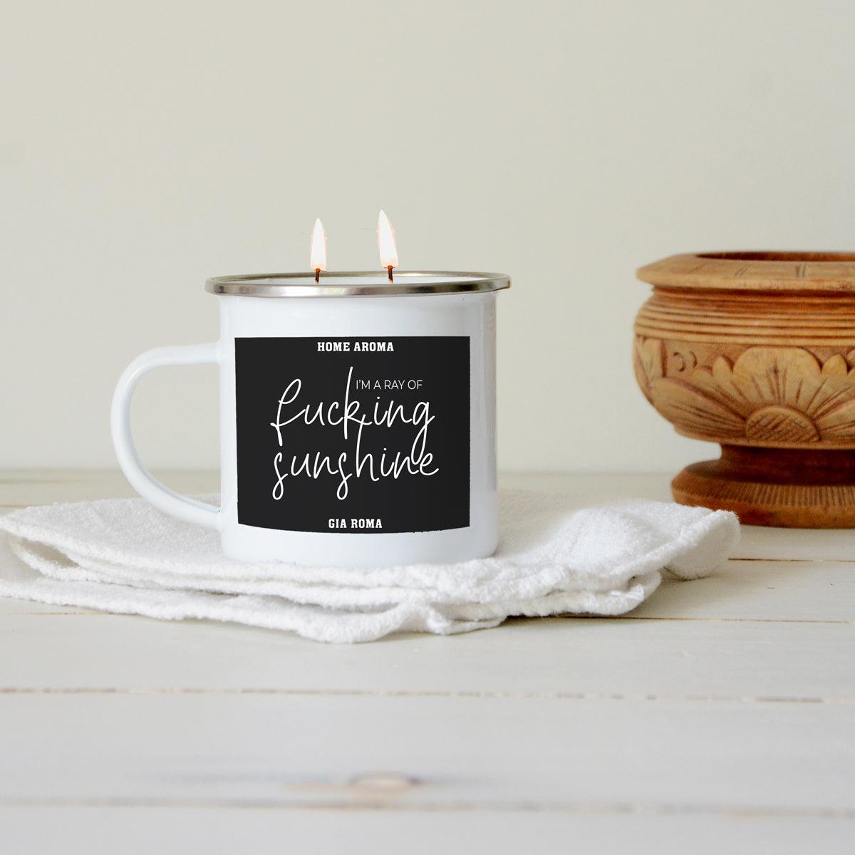 16oz Candle Mug Gia Roma white ceramic with black label im a ray of sunshine, two lit wicks on Tampa Home & Garden Store