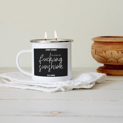 16oz Candle Mug Gia Roma white ceramic with black label im a ray of sunshine, two lit wicks on Tampa Home & Garden Store