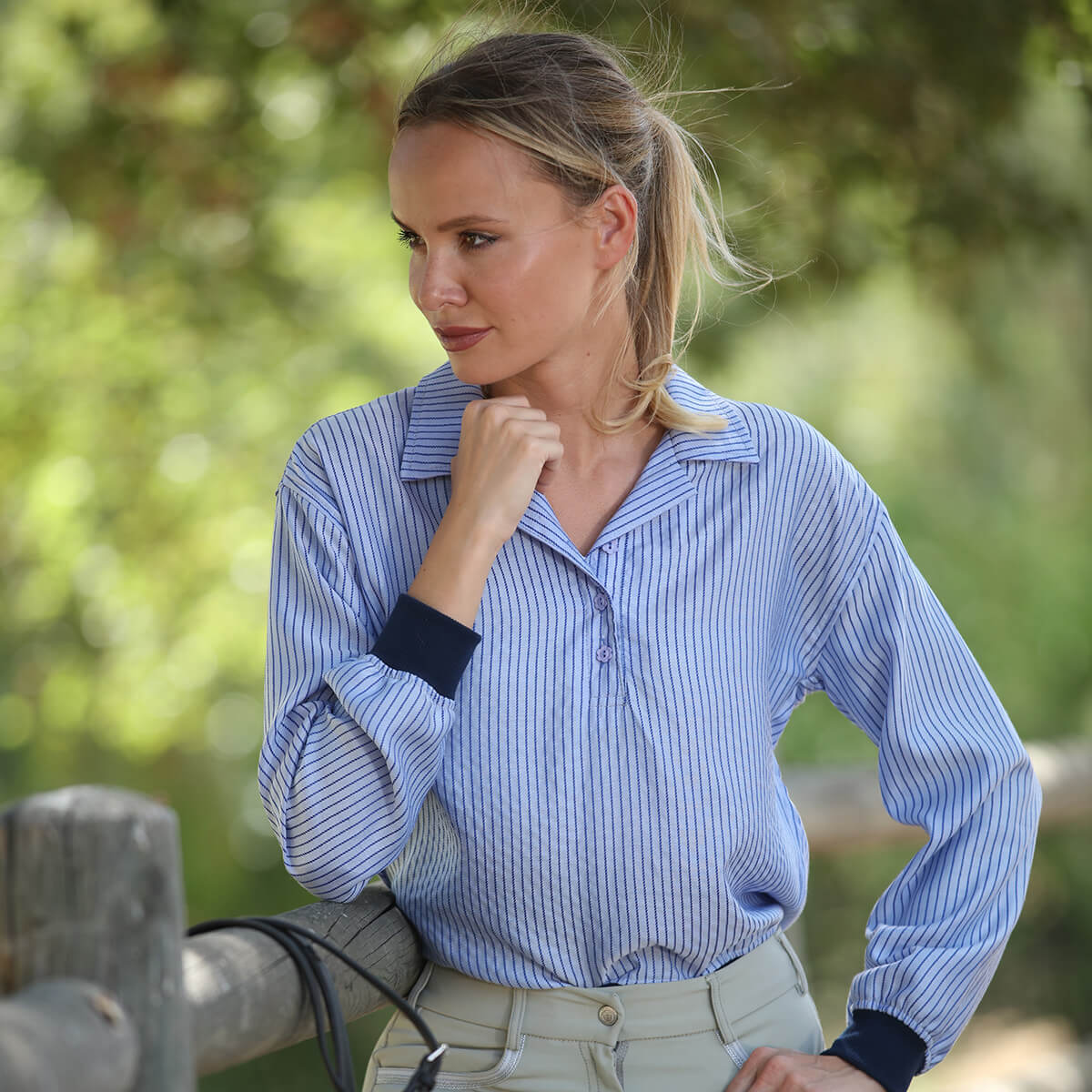 Shirt SUNDAE Blueberry striped blouse with navy cuffs by BellEq™ Equestrian Apparel on Tampa Home & Garden Store