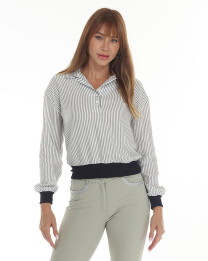 Sundae Womens Ivory And Black Pinstripe Blouse