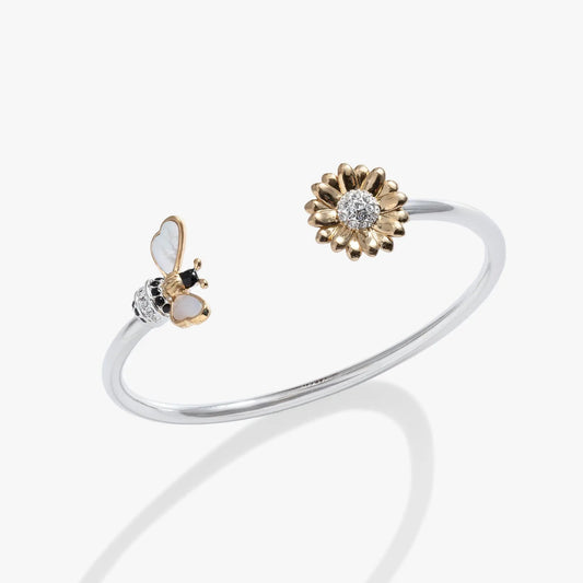 Sunflower & Bee Flex Cuff bracelet by ALEX AND ANI in silver with gold flower and crystal center on Tampa Home & Garden Store