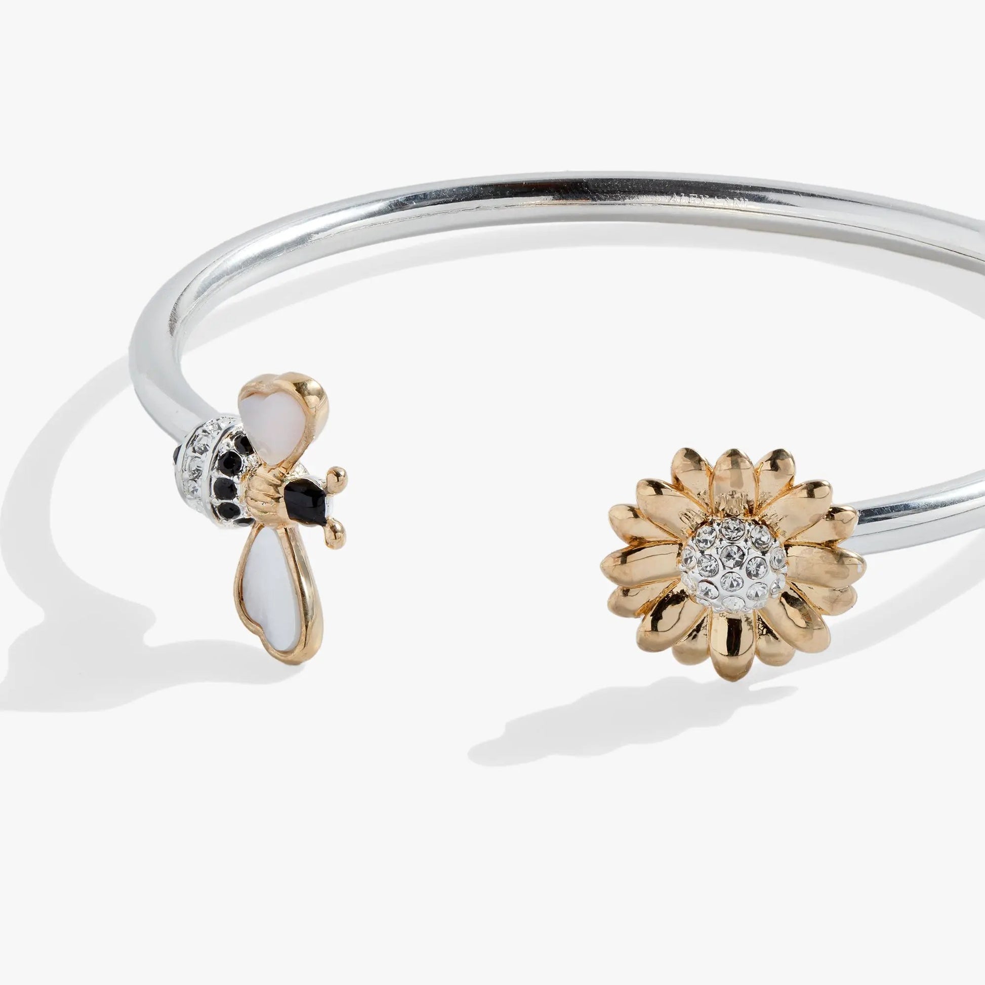 Sunflower & Bee Flex Cuff bracelet, silver band with gold sunflower and crystal bee charms on Tampa Home & Garden Store