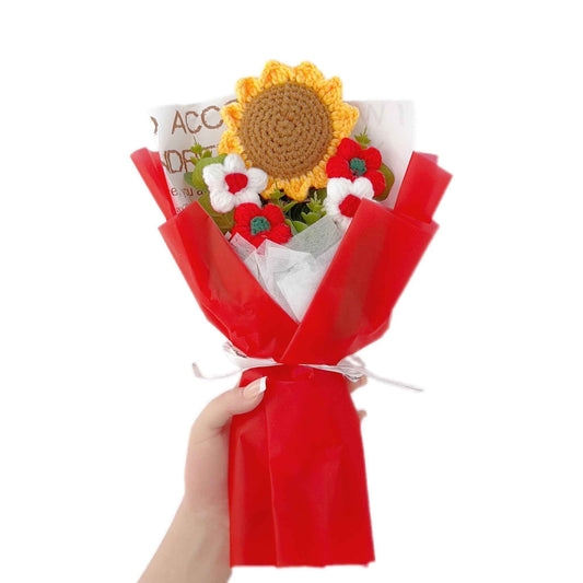 Sunflower Crochet Flower Bouquet, yarn-made yellow sunflower with brown center and red wrap on Tampa Home & Garden Store