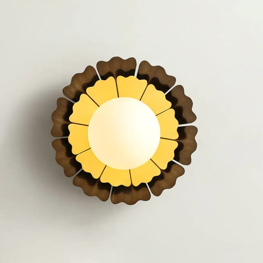 Yellow wood wall sconce by Decorbites with brown outer petals and frosted globe on Tampa Home & Garden Store
