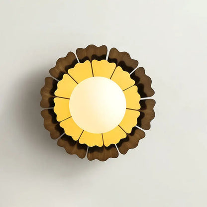 Yellow wood wall sconce by Decorbites with brown outer petals and frosted globe on Tampa Home & Garden Store