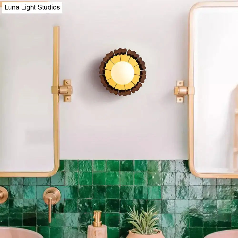 Yellow Wood Wall Sconce by Decorbites, sunflower-inspired round design with yellow center and brown petals on Tampa Home & Garden Store