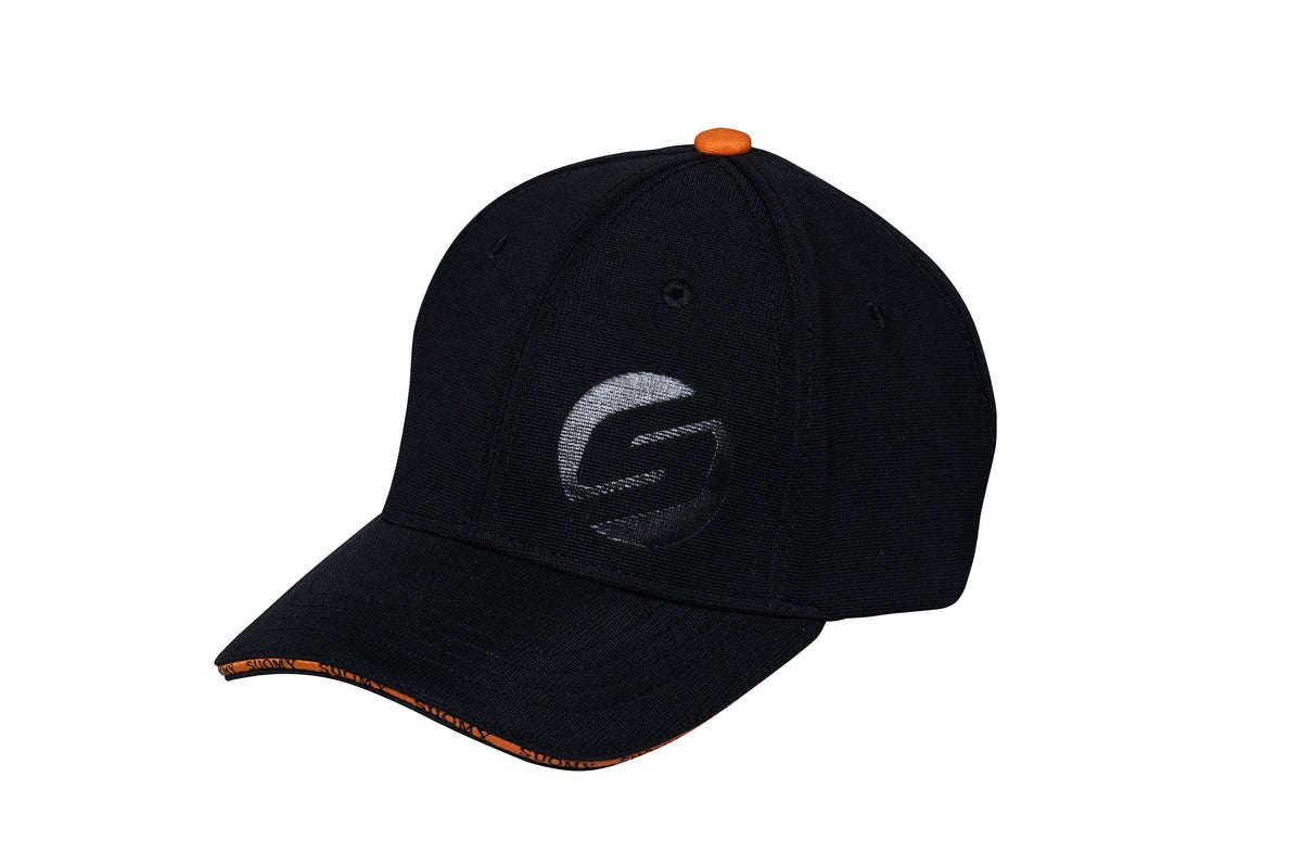 Suomy Team Cap black baseball cap with orange top button and brim edge on Tampa Home & Garden Store