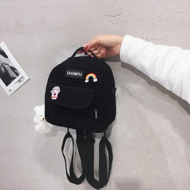 Backpack Stevvex small black girls' backpack with front pocket patches and plush keychain on Tampa Home & Garden Store