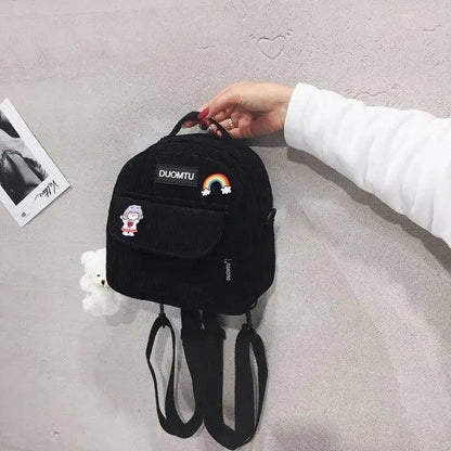 Backpack Stevvex small black girls' backpack with front pocket patches and plush keychain on Tampa Home & Garden Store