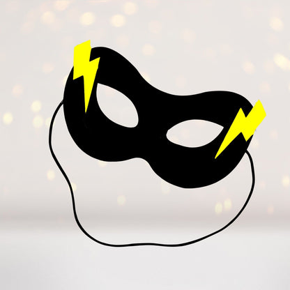 Superhero Teepee Tent Play Set close-up of a black mask with yellow lightning on backdrop on Tampa Home & Garden Store