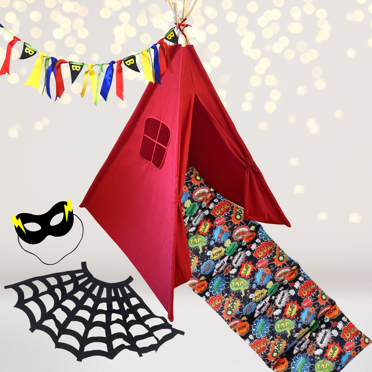 Superhero Teepee Tent Play Set with red tent, comic-pattern lining and colorful bunting on Tampa Home & Garden Store