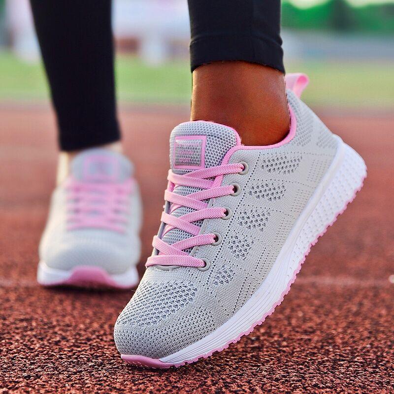Stevvex Super Light Sneakers for Women pair in white mesh with pink laces and pink accents on Tampa Home & Garden Store
