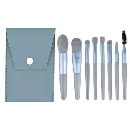 Stevvex 8pc mini travel makeup brush set with gray handles, silver ferrules, in a blue pouch on Tampa Home & Garden Store