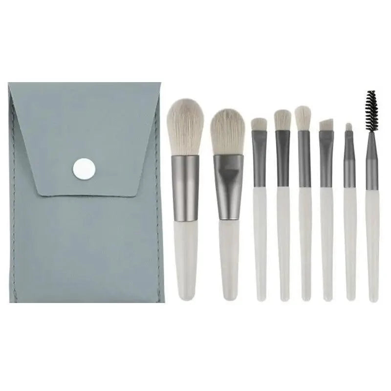 Stevvex 8-piece travel makeup brush set with white handles and silver ferrules in a grey case on Tampa Home & Garden Store