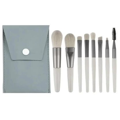 Stevvex 8-piece travel makeup brush set with white handles and silver ferrules in a grey case on Tampa Home & Garden Store