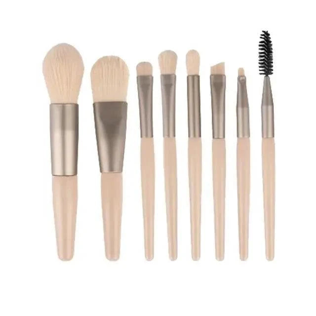 8pc mini travel makeup brush set by Stevvex with beige handles and silver ferrules on Tampa Home & Garden Store