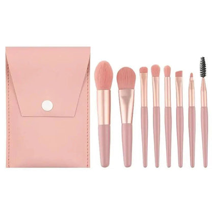 Stevvex 8-piece makeup brush set with pink handles and rose gold ferrules in a pink pouch on Tampa Home & Garden Store