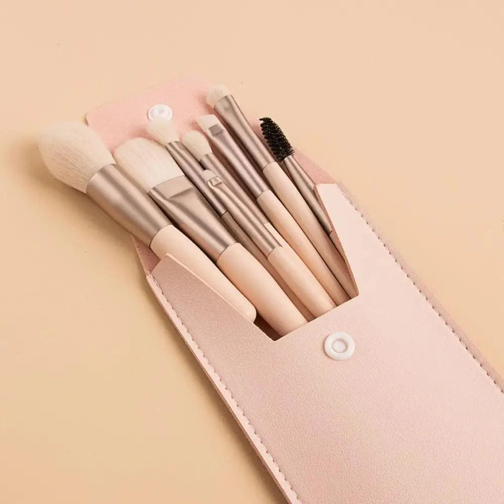 Stevvex 8-piece mini travel makeup brush set in a pink leather case with beige handles on Tampa Home & Garden Store