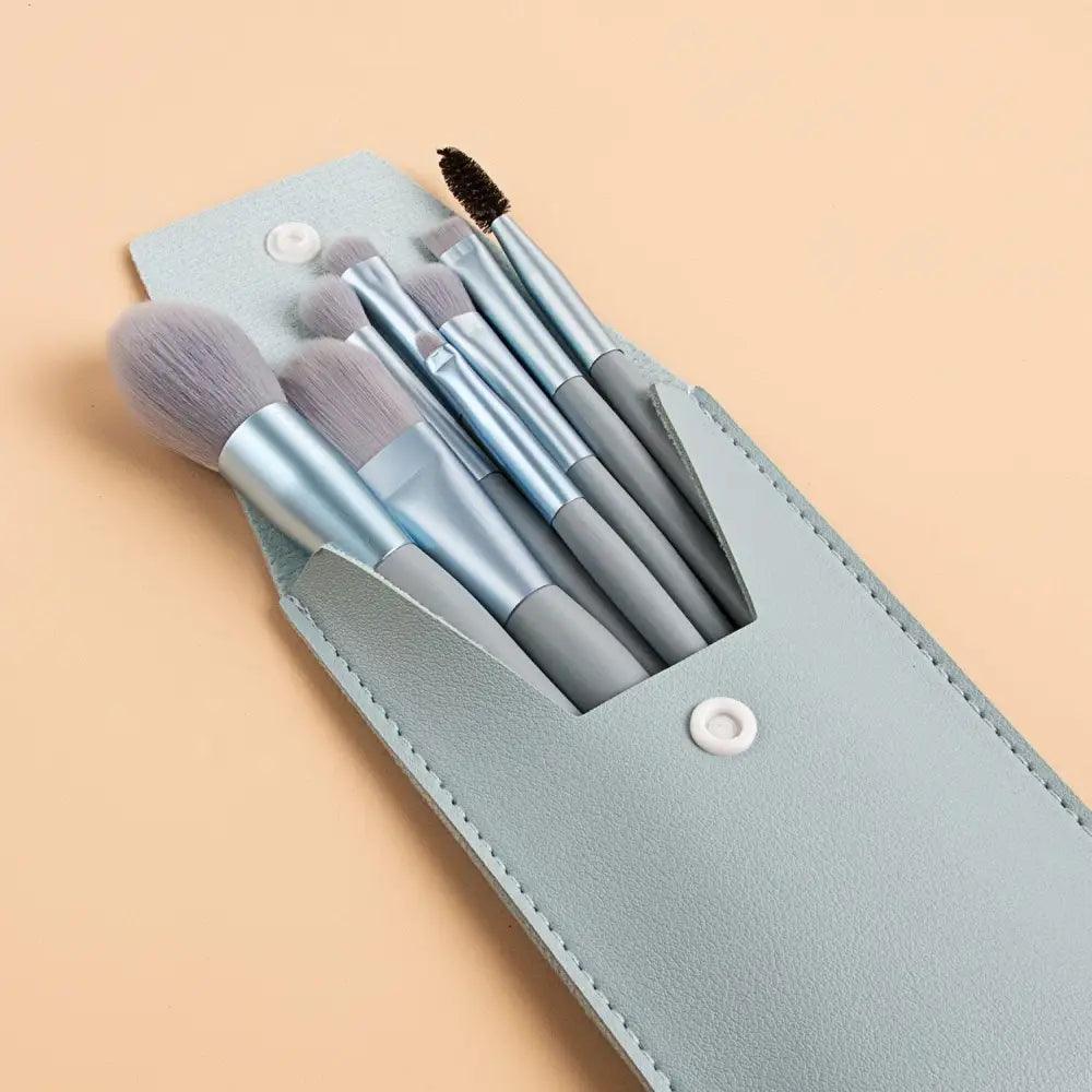 Stevvex 8-piece makeup brush set with soft grey bristles and light-blue handles in a blue case on Tampa Home & Garden Store