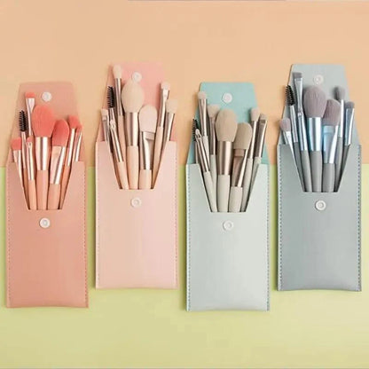 Stevvex 8pc mini travel makeup brush set in four pastel sleeves pink peach mint blue on Tampa Home & Garden Store