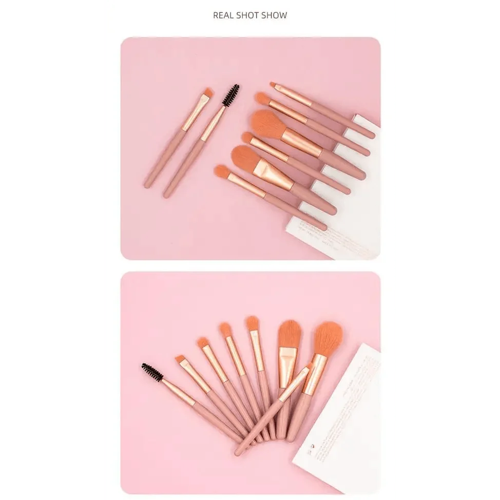 8-piece mini travel makeup brush set with pink handles and rose-gold ferrules on pink background on Tampa Home & Garden Store