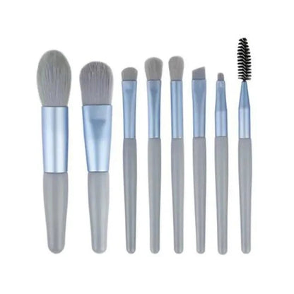 8pc travel makeup brush set from Stevvex with gray handles and blue ferrules for powder on Tampa Home & Garden Store