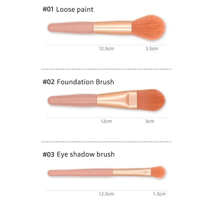 Stevvex 3pc mini makeup brush set peach handles rose-gold ferrules foundation eye shadow powder on Tampa Home & Garden Store
