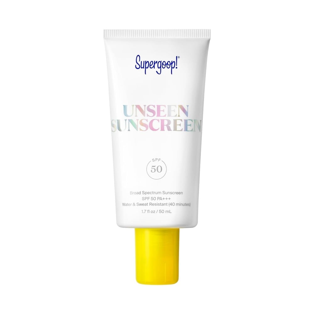 Supergoop Unseen Sunscreen SPF 50 tube with yellow cap, Nava Beauty sunscreen on Tampa Home & Garden Store