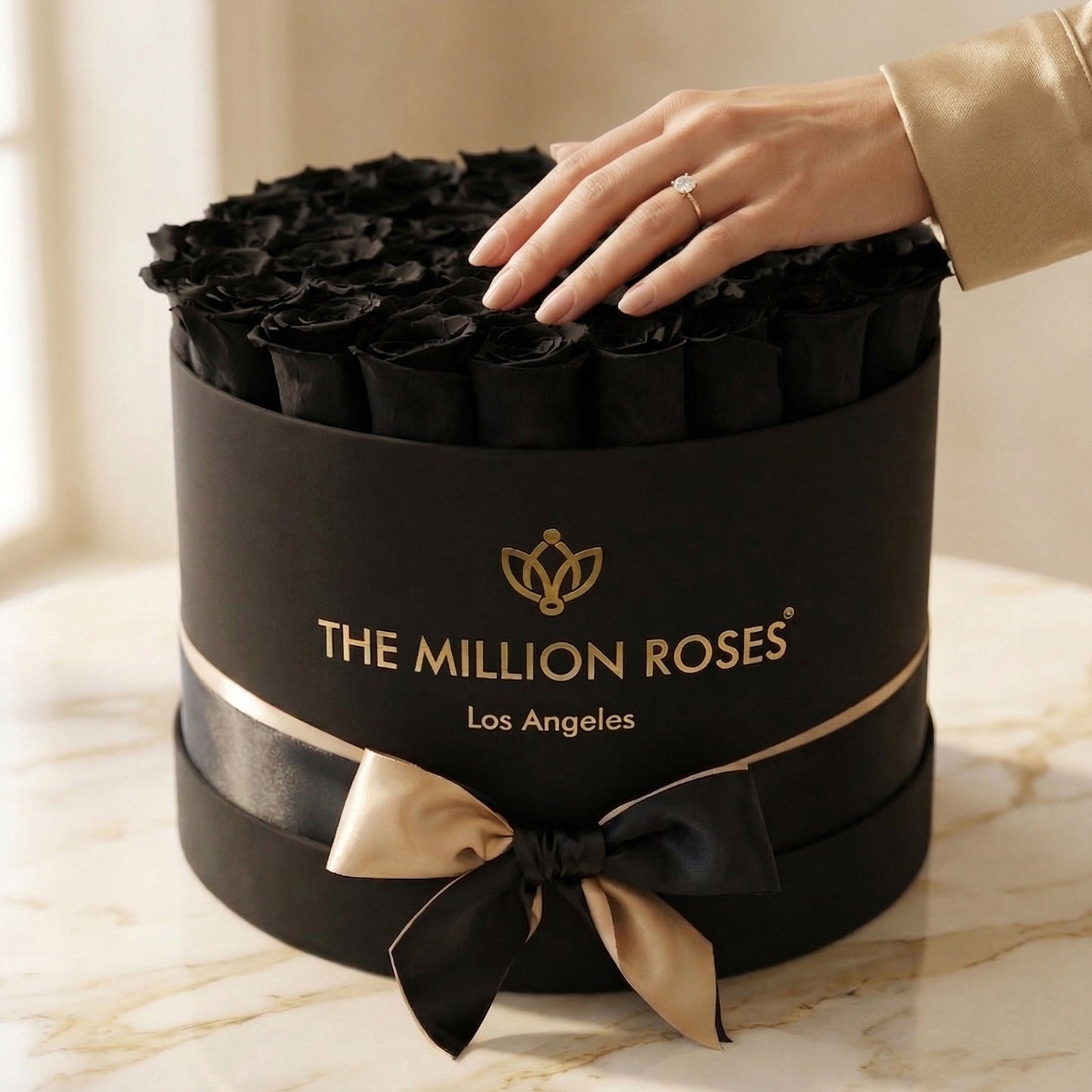 Supreme Black Box with black roses and a diamond ring; The Million Roses logo on the box on Tampa Home & Garden Store