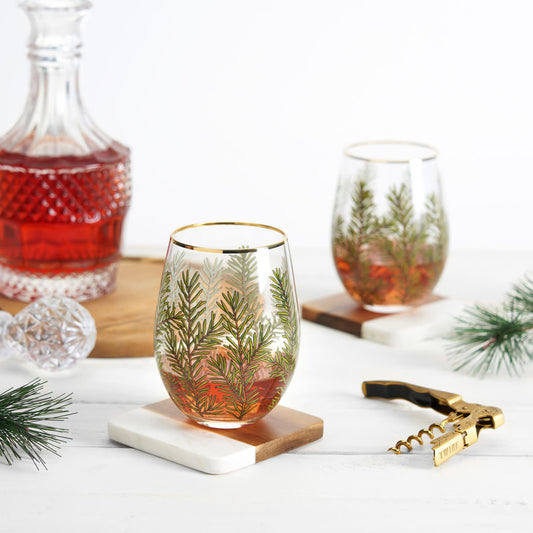 Woodland stemless wine glass set Twine Living with gold rims pine branch pattern, 2 glasses on coasters on Tampa Home & Garden Store