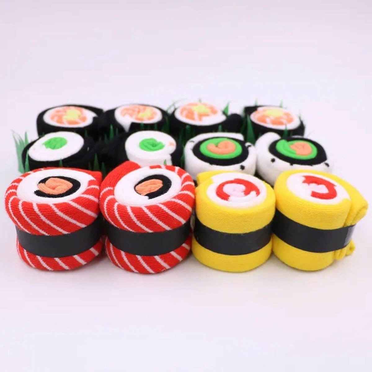 Sushi Socks four-pair novelty crew socks by Shaketea in red, yellow, green sushi designs on Tampa Home & Garden Store