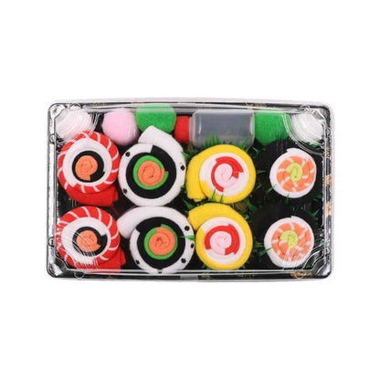 Sushi Socks 4-pair box set, sushi roll crew socks, Shaketea in a clear gift box on Tampa Home & Garden Store