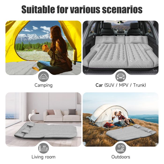 Dikasun SUV air mattress in grey with upgraded flocking, shown in camping and car setups on Tampa Home & Garden Store