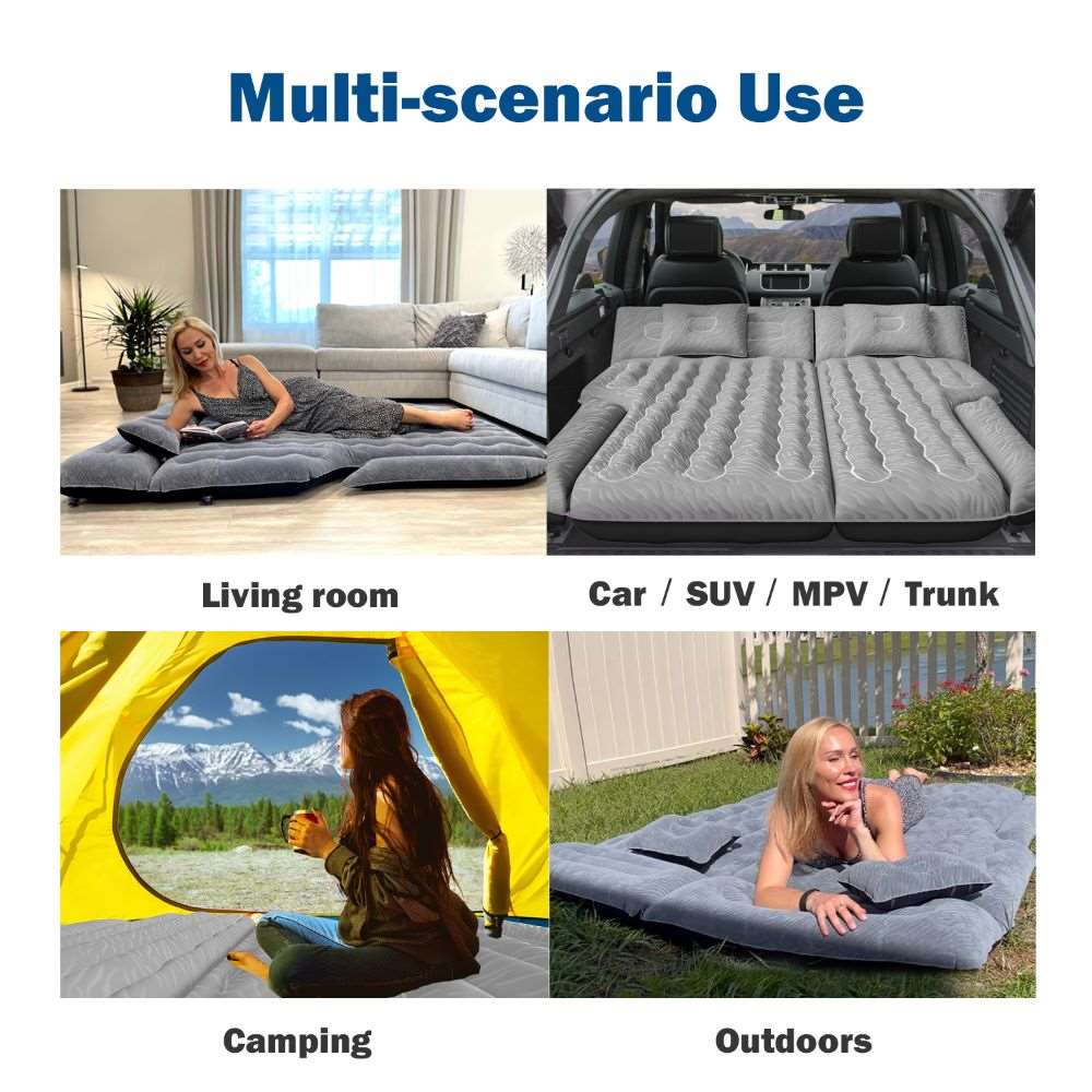 Umbrauto SUV air mattress 1.0 gray shown in living room, car trunk, camping and outdoors on Tampa Home & Garden Store