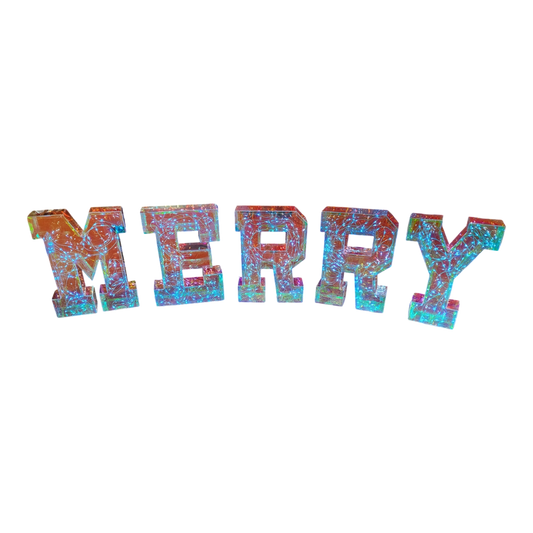 Décoration lumineuse holographique « MERRY » pour les fêtes avec télécommande - 25 cm de hauteur