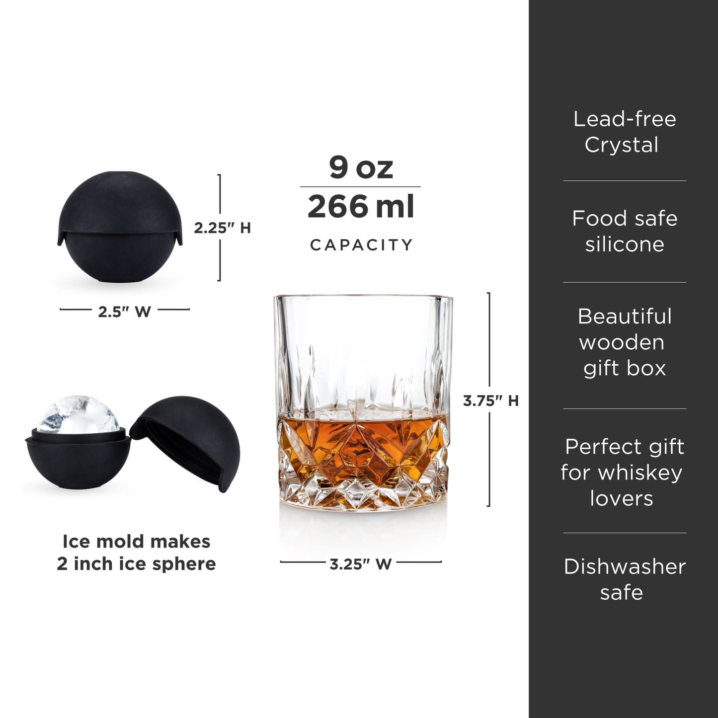 Crystal Whiskey Glasses and Ice Sphere Set