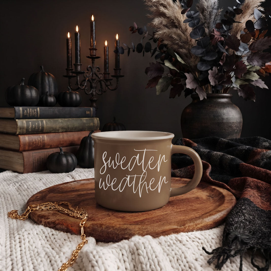 Sweater Weather mug by Gia Roma in taupe with white script on a tray amid autumn decor on Tampa Home & Garden Store