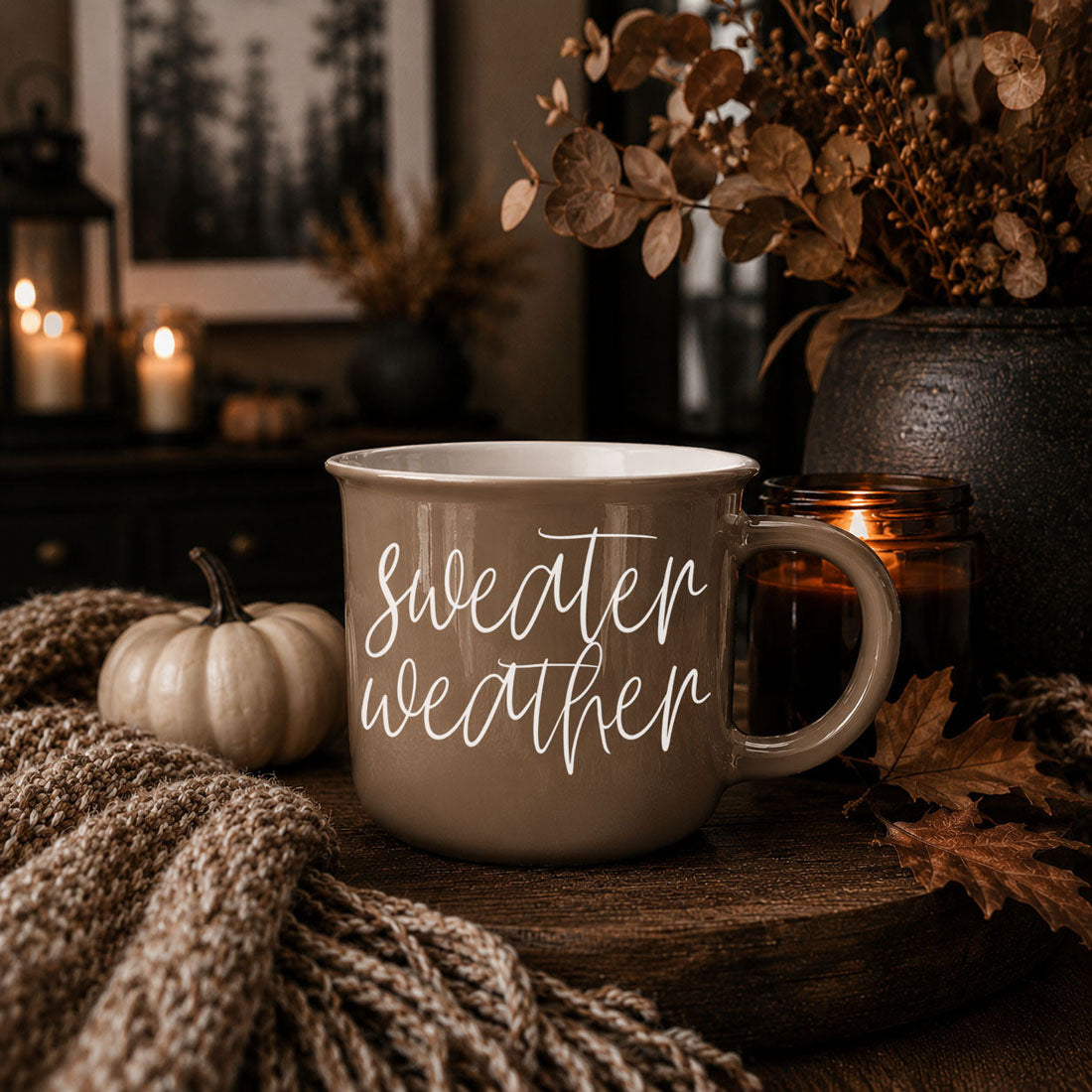 Gia Roma Sweater Weather mug beige ceramic coffee mug with white script on autumn table decor on Tampa Home & Garden Store