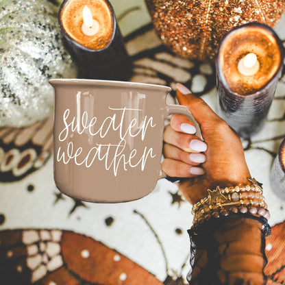 Sweater Weather mug by Gia Roma in taupe with white handwritten script on Tampa Home & Garden Store